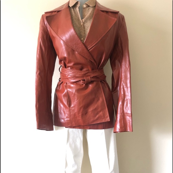 Edgy Retro Leather Wrap Jacket w/ Self-Tie Belt - Picture 6 of 8